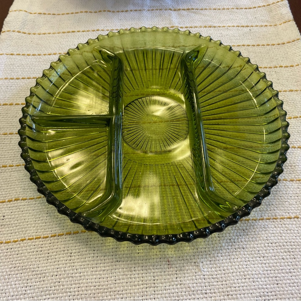 Vintage Olive Green Depression Glass Sunburst Relish Platter